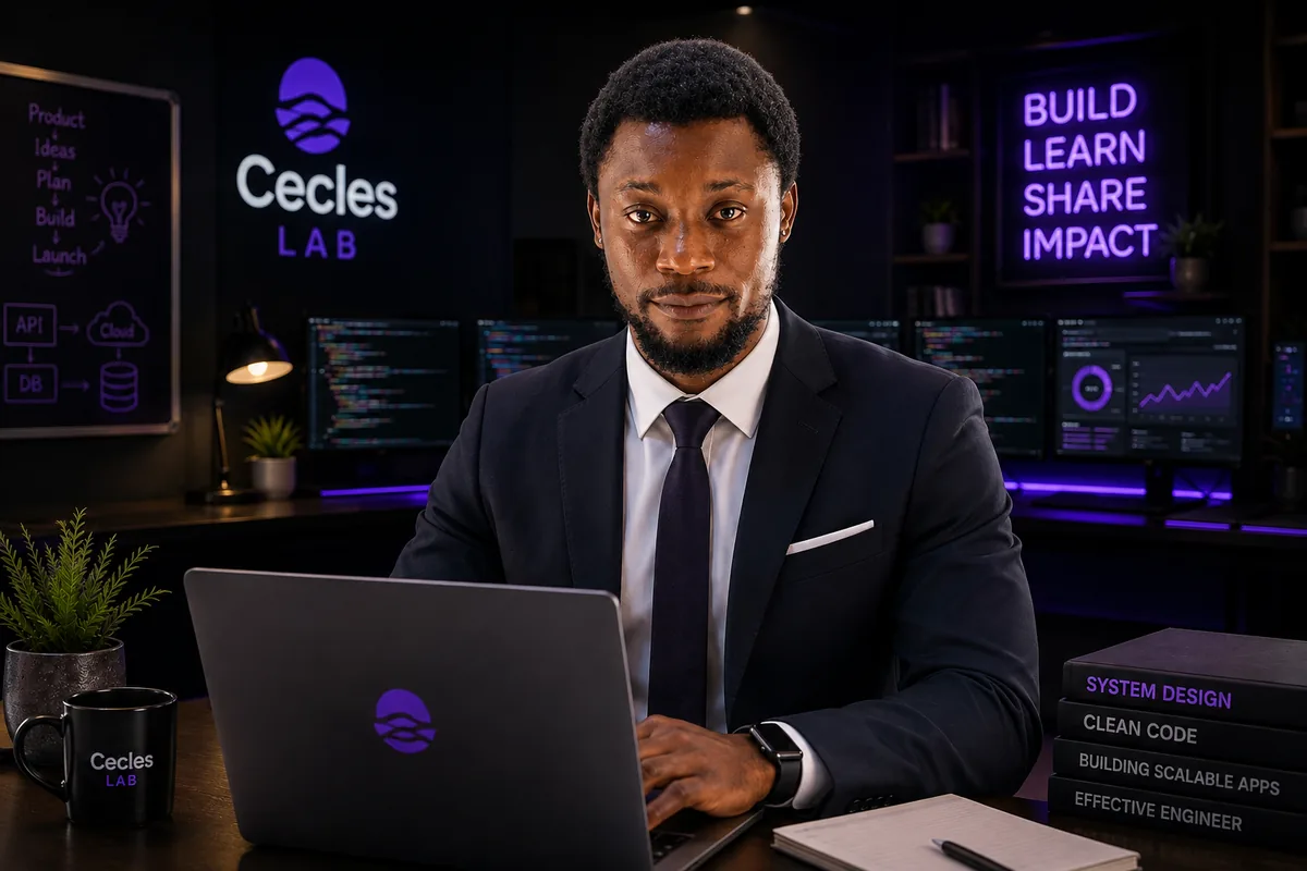 Portrait of Anthony Campbell (Best) in a suit at his desk, with a laptop and monitors behind him